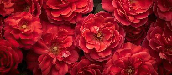 Wall Mural - A cluster of vibrant red garden roses, with broad petals, arranged neatly on a wooden table in a well-lit room.