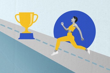 Poster - Photo banner collage illustration of running competition sports woman to golden goblet at road marathon isolated on gray color background