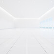 © DifferR - 3d rendering of white empty room with ceramic tile floor in perspective, sea beach view outside window. Modern luxury interior home design of living room look clean, bright surface for background.
