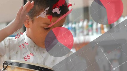 Poster - Animation of charts and data processing over biracial schoolboy playing drum in classroom