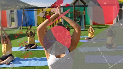 Poster - Animation of charts and data processing over diverse female teacher and children in yoga class