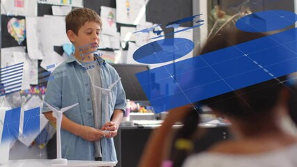 Poster - Animation of charts and data processing over caucasian schoolboy with windmill in classroom