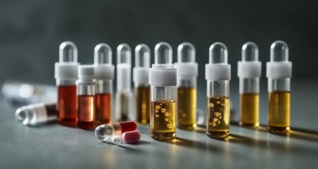 Wall Mural -  A collection of small glass vials with various liquids and capsules