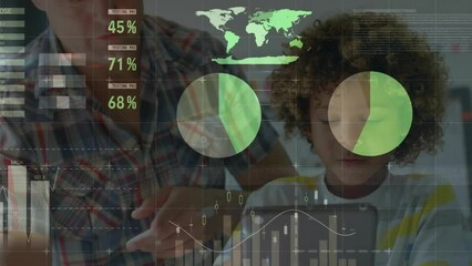 Poster - Animation of data processing over diverse male teacher and schoolgirl using tablet in class