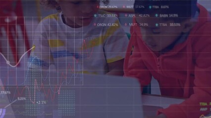 Poster - Animation of data processing over diverse girl and boy using laptop in elementary school class