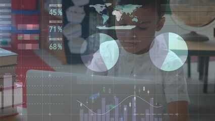 Poster - Animation of data processing on charts over biracial boy using laptop in elementary school class