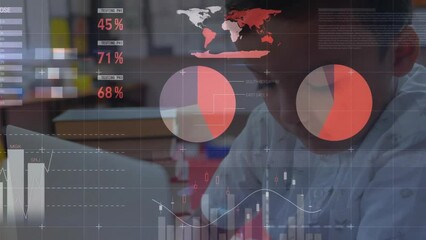 Poster - Animation of data processing on charts over biracial boy using laptop in elementary school class