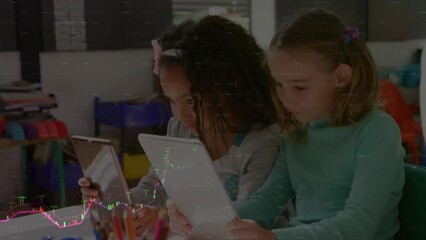 Poster - Animation of data processing over diverse schoolgirls using tablets in elementary school class