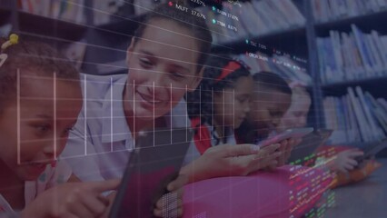 Poster - Animation of data processing over diverse female teacher and children using tablets in school class