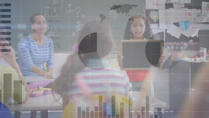 Poster - Animation of data processing over diverse female teacher and schoolgirl presenting to class