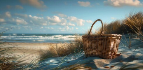 Wall Mural - a picnic basket sits on a sandy beach