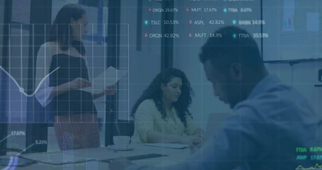 Poster - Animation of charts and data processing over diverse colleagues talking at casual office
