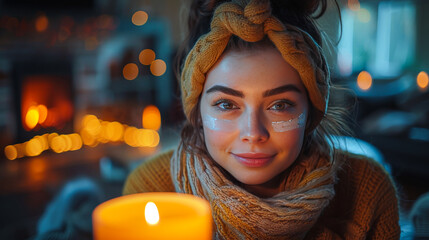 Poster - A Woman�s Selfie with a Face Mask and a Candle: Me Time for Wellness