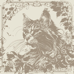 Wall Mural - cat with engraving style