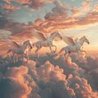 Winged horses galloping on clouds, golden hour flight