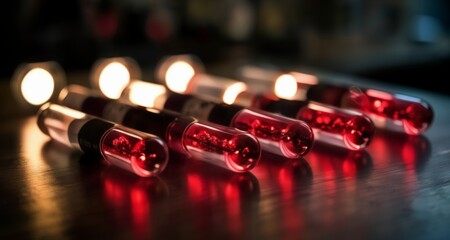 Wall Mural -  Illuminated red light bulbs on a dark surface