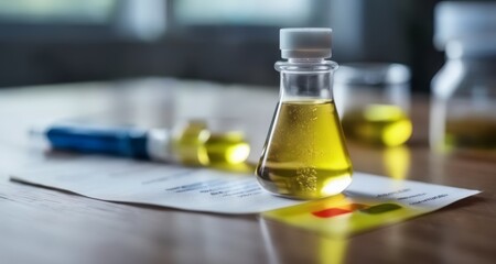 Wall Mural -  Precision in Science - A close-up of a beaker with a yellow liquid, a syringe, and a test strip on a lab bench