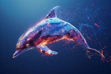 dolphin . Digital wireflame polygon illustration, blue background