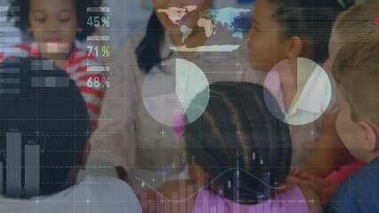 Poster - animation of charts processing data over diverse female teacher and schoolchildren in class