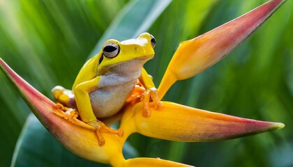 Close-up of a yellow frog on a heliconia plant, Indonesia 