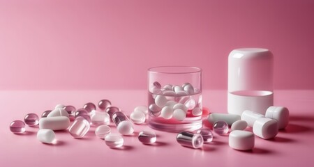 Sticker -  A collection of colorful pills and capsules on a pink background