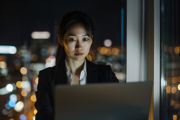 Working into the evening at the office: Professional woman diligently working on her laptop at her desk.