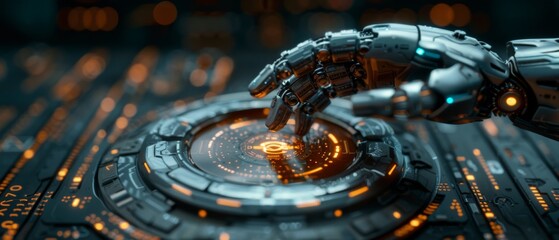 Poster - Businessman and robot's hands touch digital screen of AI icon, big data, science, innovation, cloud computing, futuristic, internet network communication, futuristic.