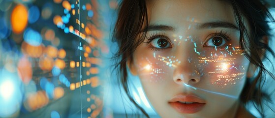 Leinwandbilder - Digital entrepreneur with Asian heritage working on computer, projecting lines of code on her face and reflecting. Software developer developing innovative e-commerce apps using AI and big data.