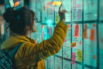 Poster - woman in a yellow jacket interacts with colorful sticky notes during a brainstorming session in a mo