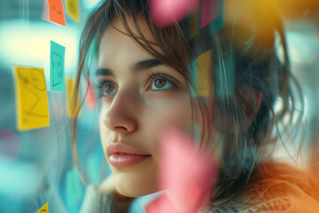 Poster - focused young woman reads sticky notes on a glass wall, deeply engaged in a strategic planning sessi