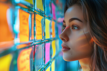 Poster - Contemplative young woman gazes at a wall of brainstorming sticky notes, considering her next move in a project.