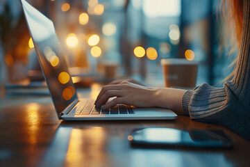 Poster - Close-up of female hands typing on a laptop with the evening city lights and sunset in the background.