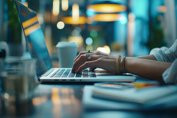 Poster - Close-up of female hands typing on a modern laptop in an office setting, symbolizing technology use.