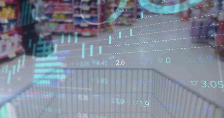 Poster - animation of financial data processing over shopping trolley in shop background
