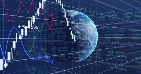 Poster - animation of financial data processing over globe on dark background