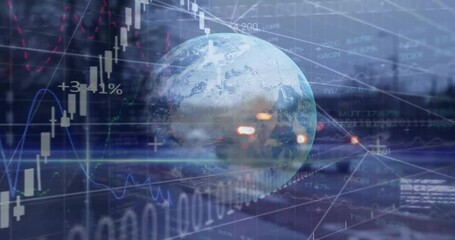 Poster - animation of financial data processing over globe and city