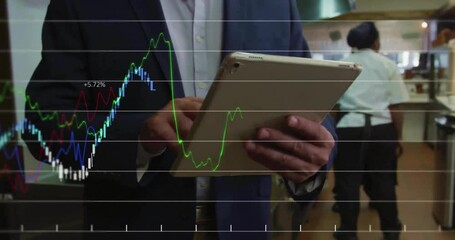Poster - Animation of financial data processing over businessman using tablet