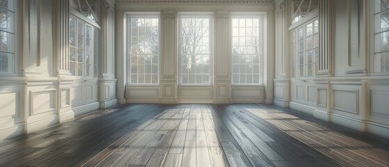 Leinwandbilder - Blank space architecture with white walls and dark laminate floors. Classic interior style.
