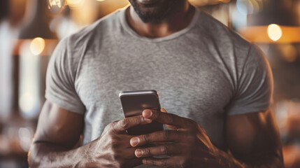 Wall Mural - An individual is holding and looking at a smartphone, presumably texting or browsing, in a cozy cafe environment with warm lighting.