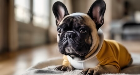 Poster -  Adorable Pug Puppy in a Yellow Sweater