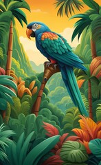 forest landscape wallpaper design, parrots and palm trees, big leaves, mountain scenery, mural art, Generative AI