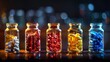 Colorful Medication in Glass Jars on Luminous Background. Various pills and capsules showcased in clear jars against a glowing, defocused light backdrop, the concept of modern pharmaceuticals.