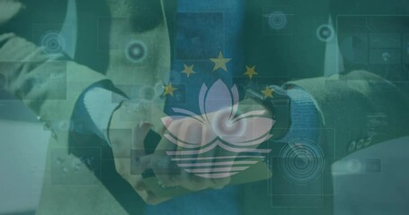 Poster - Animation of flag of macau over processing data and biracial man using smartwatch and smartphone
