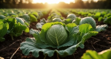 Poster -  Vibrant green cabbage plants in a field, ready for harvest