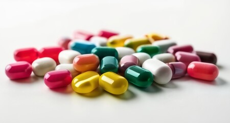 Poster -  Vibrant assortment of colorful pills on white background