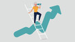 Vektor-Illustration einer Person, die auf einer Leiter steht und mit einem Fernglas in die Ferne schaut, im Hintergrund eine aufsteigende Börsenkurve - Wachstumskonzept