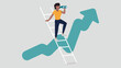 Vektor-Illustration einer Person, die auf einer Leiter steht und mit einem Fernglas in die Ferne schaut, im Hintergrund eine aufsteigende Börsenkurve - Wachstumskonzept