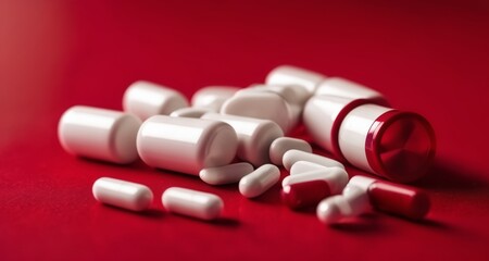 Poster -  A collection of red and white capsules on a red surface