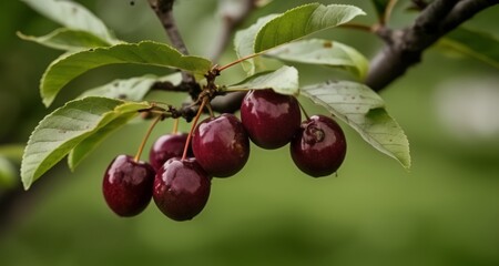 Poster -  Bountiful harvest of ripe cherries on a tree branch