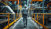 Worker In A Reflective Safety Vest And Helmet Is Standing On A Metal Walkway Inside An Industrial Plant, Holding A Clipboard And Looking At What Appears To Be A Monitor Or Control Panel.